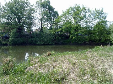 Rybník Kuchyňka a vodní příkop tvrze Vlhav s pohledem na místo, kde tvrz stála.